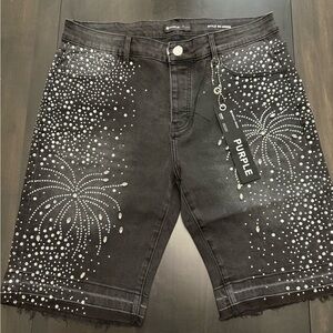 Purple Embellished Black Jean Shorts - Studded Firework Design